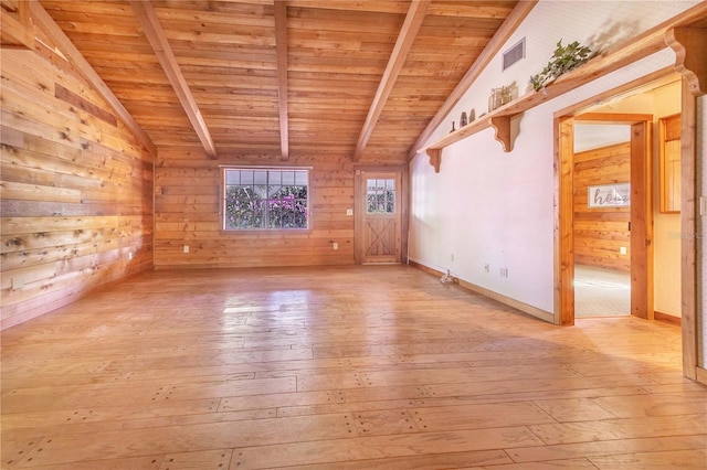 empty room with visible vents, lofted ceiling with beams, light wood-type flooring, and wooden walls