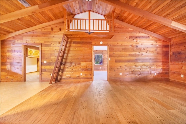 interior space with visible vents, lofted ceiling with beams, wood-type flooring, wooden walls, and wooden ceiling