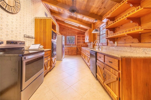 kitchen with wallpapered walls, appliances with stainless steel finishes, wooden ceiling, light tile patterned flooring, and open shelves