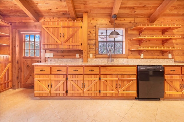 kitchen with open shelves, black dishwasher, wood ceiling, and a sink