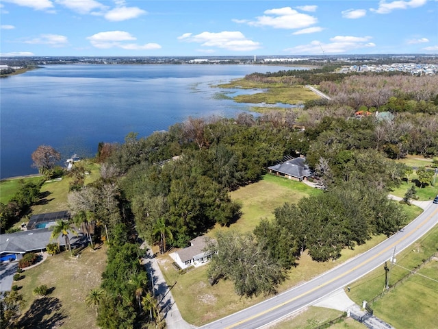 drone / aerial view with a water view