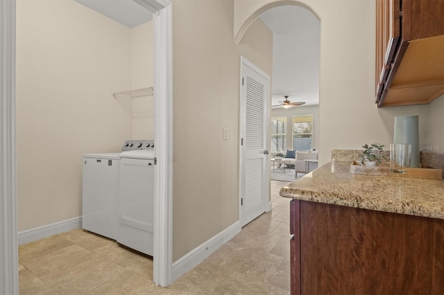 interior space with ceiling fan and washer and dryer