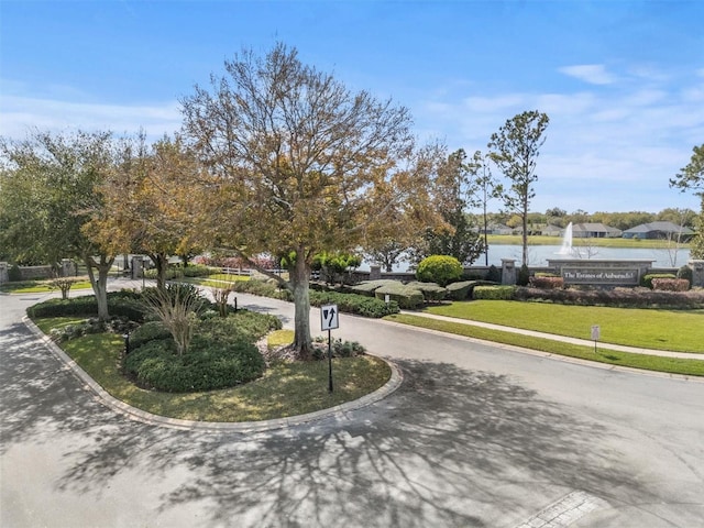 view of community featuring a water view and a yard