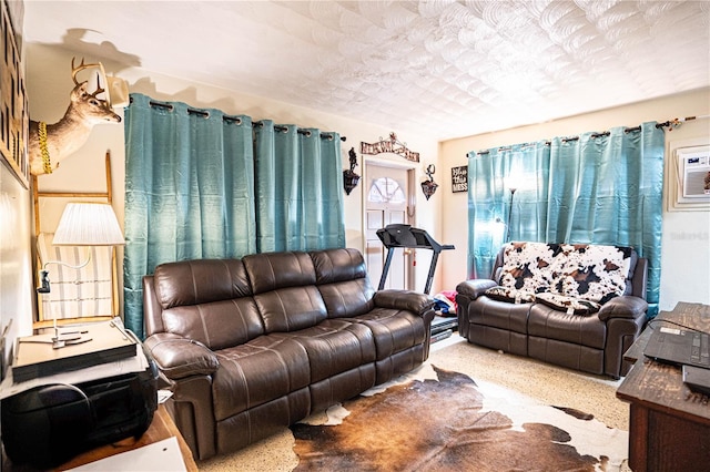 living room featuring a textured ceiling