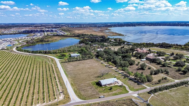 bird's eye view with a rural view and a water view