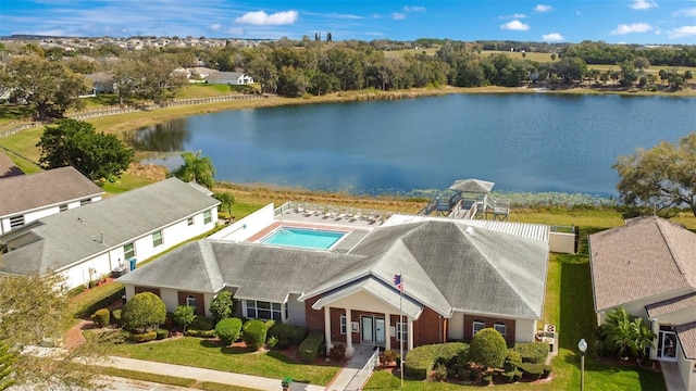 aerial view featuring a water view