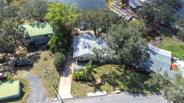 drone / aerial view featuring a water view