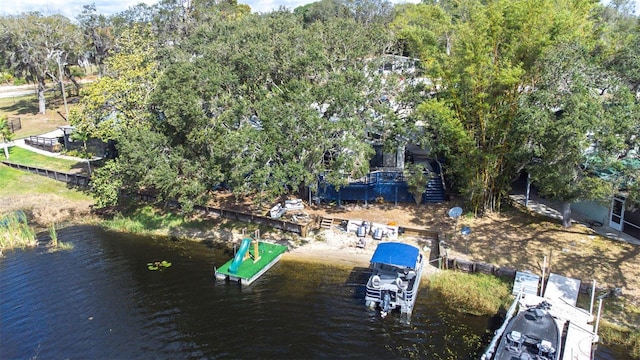 drone / aerial view featuring a water view