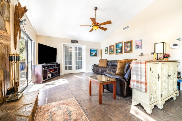 living room featuring high vaulted ceiling, french doors, and ceiling fan