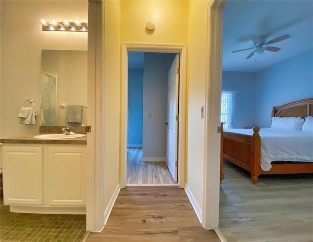 hall with hardwood / wood-style flooring and sink