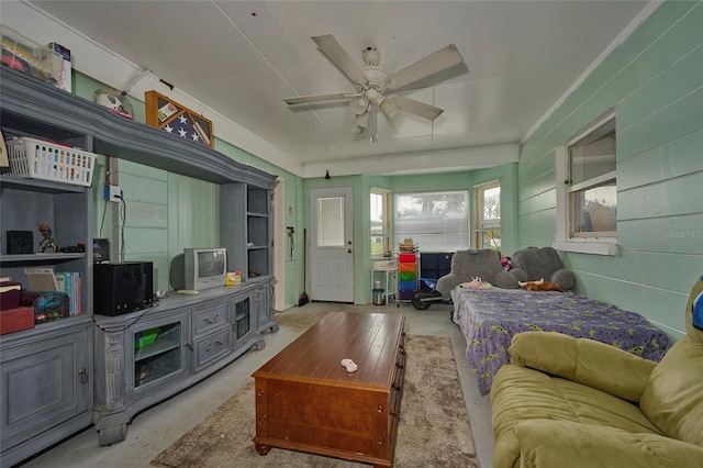 living room featuring ceiling fan