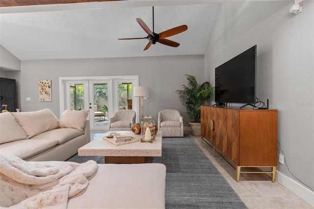 1 Casarena Ct, Winter Haven, FL 33881 - living room with baseboards, french doors, vaulted ceiling, and a ceiling fan