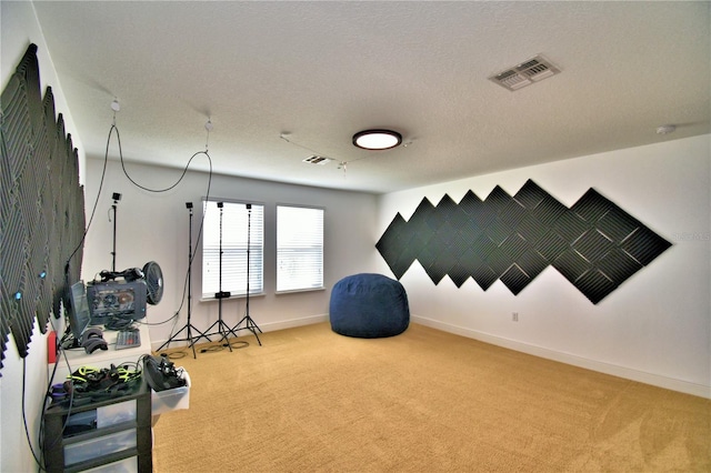 workout room featuring carpet flooring and a textured ceiling