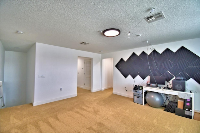 interior space featuring light colored carpet and a textured ceiling