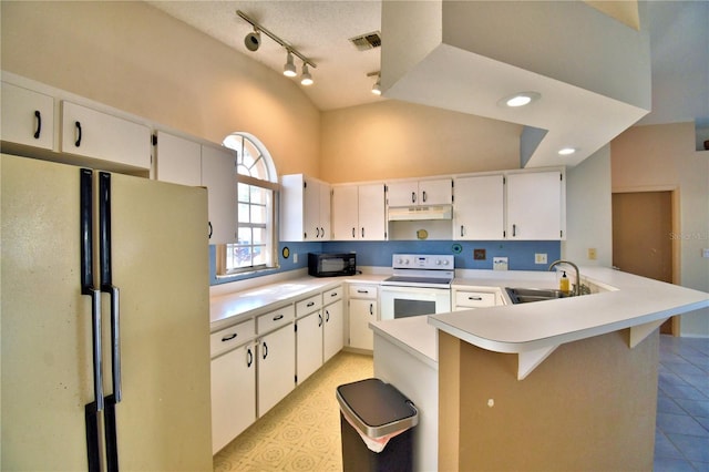 kitchen with white cabinetry, sink, white appliances, and kitchen peninsula