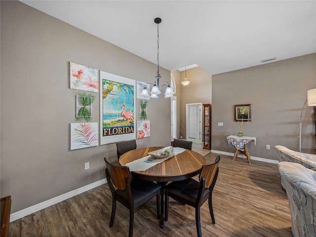 dining room with wood-type flooring and a chandelier