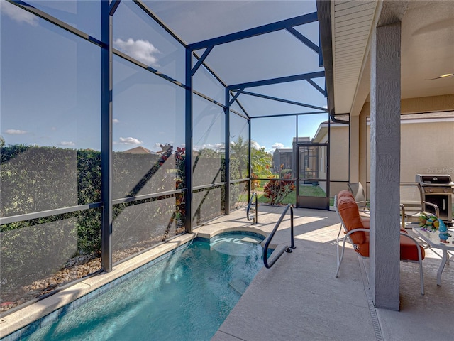 view of pool featuring area for grilling, a patio area, a hot tub, and glass enclosure