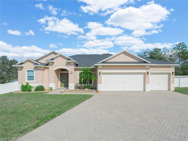 ranch-style home with a garage and a front yard