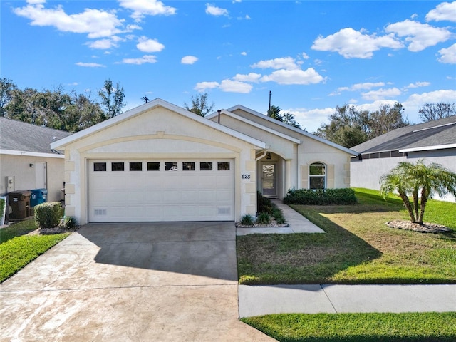 ranch-style house with a garage and a front lawn