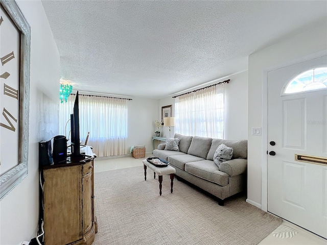 living room with a textured ceiling