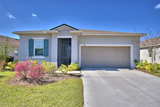 ranch-style home with a garage, a front yard, concrete driveway, and stucco siding