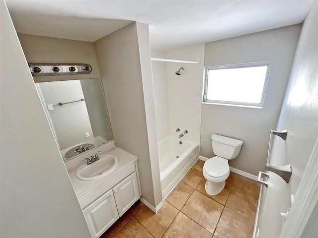 full bathroom with tiled shower / bath combo, vanity, toilet, and tile patterned floors