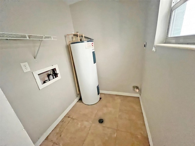 laundry area with hookup for an electric dryer, electric water heater, and hookup for a washing machine