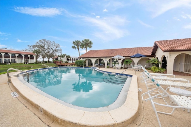 view of swimming pool with a patio