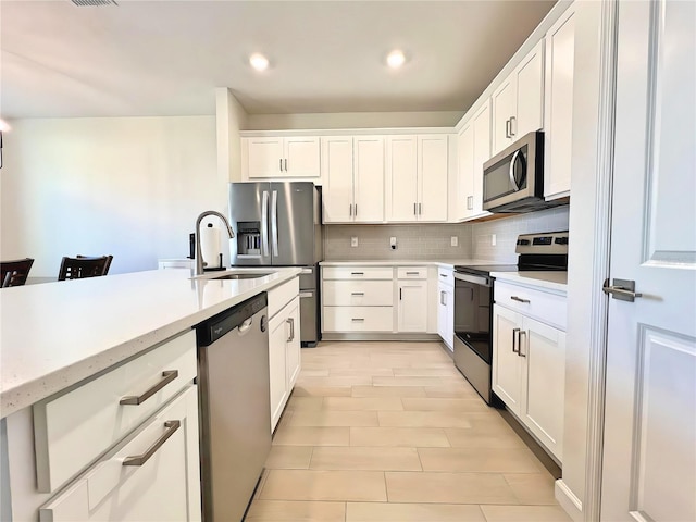 kitchen with tasteful backsplash, sink, stainless steel appliances, and white cabinets