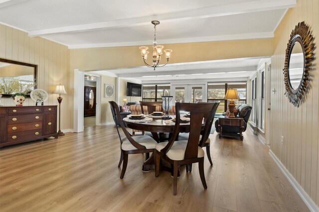 dining space with wooden walls, a chandelier, beamed ceiling, and light wood-type flooring