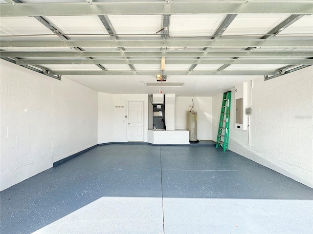 garage with heating unit, a garage door opener, electric panel, and water heater