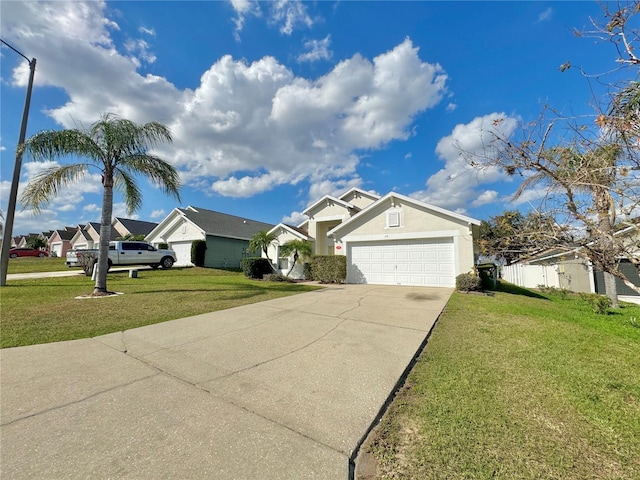 single story home featuring a garage and a front lawn