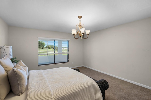 bedroom featuring an inviting chandelier, carpet floors, and baseboards