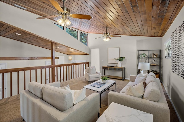 living area with carpet flooring, baseboards, ceiling fan, vaulted ceiling, and wood ceiling