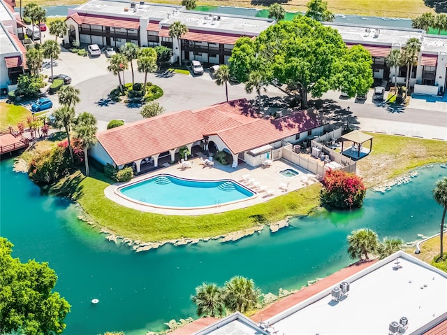 aerial view featuring a water view