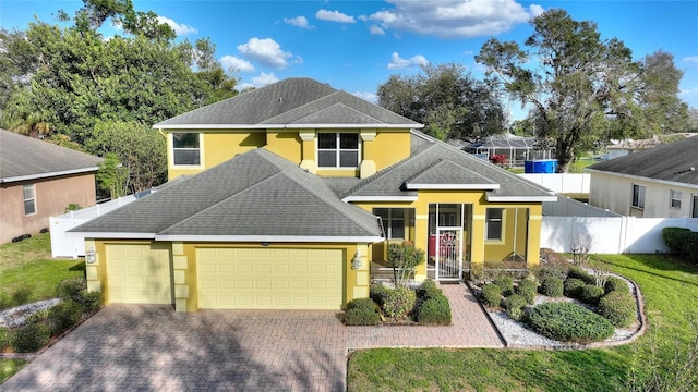 view of front of property with a garage and a front lawn