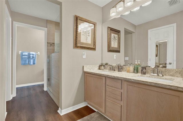 bathroom with vanity and wood-type flooring