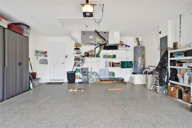 garage with gas water heater and a garage door opener