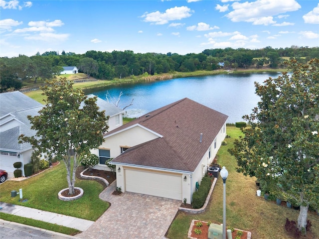drone / aerial view with a water view