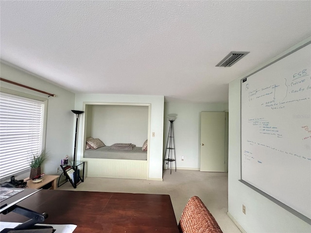 interior space featuring carpet floors and a textured ceiling