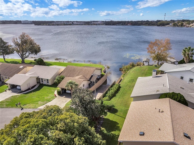 aerial view featuring a water view