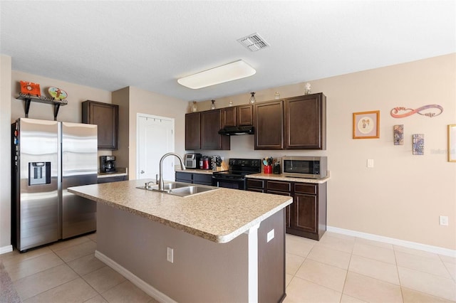 kitchen with dark brown cabinetry, visible vents, stainless steel appliances, under cabinet range hood, and a sink