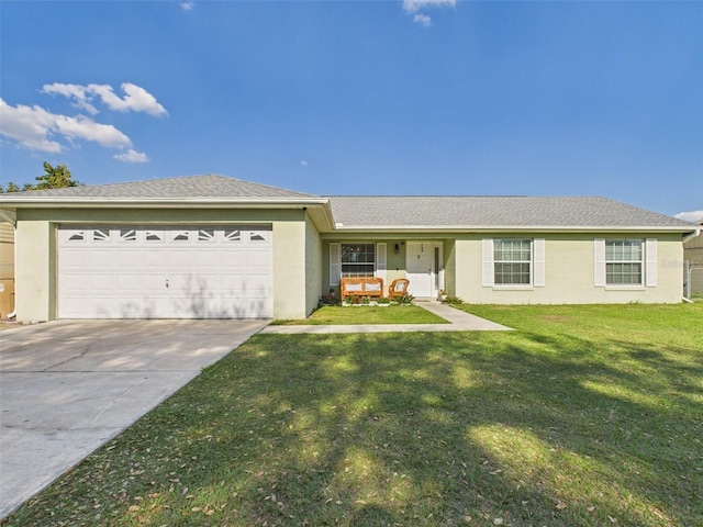 ranch-style house featuring a garage, concrete driveway, roof with shingles, stucco siding, and a front lawn