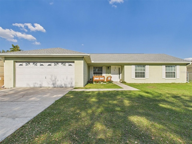 single story home with driveway, a garage, a shingled roof, stucco siding, and a front yard