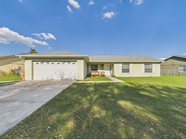 single story home featuring a garage, concrete driveway, a front lawn, and stucco siding