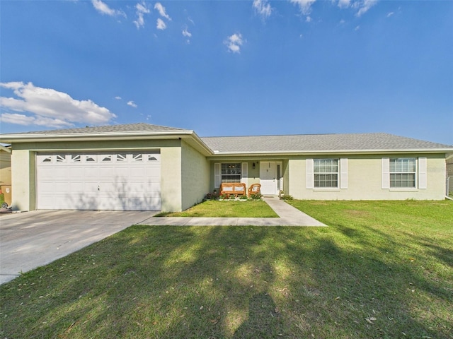 single story home with driveway, a garage, covered porch, a front lawn, and stucco siding