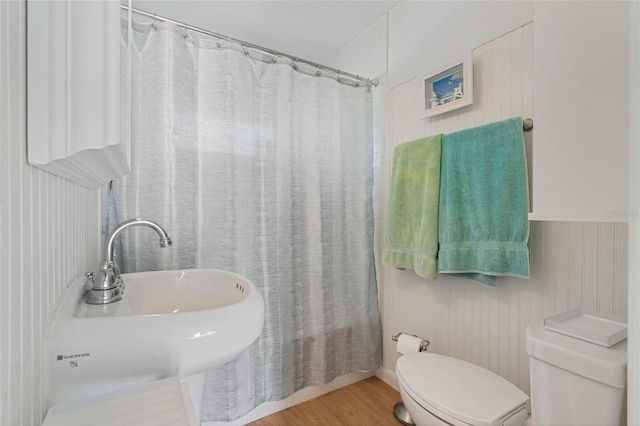 bathroom featuring a sink, toilet, and wood finished floors