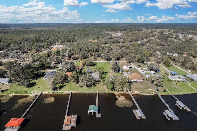 aerial view featuring a water view and a forest view