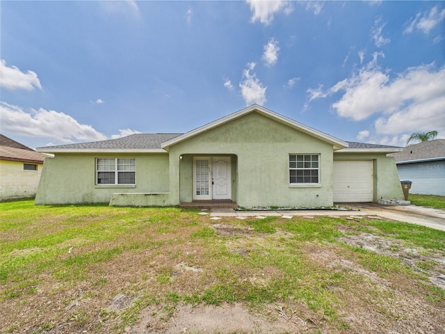 91 W Cedarwood Cir, Kissimmee, FL 34743 - ranch-style house with stucco siding, an attached garage, a front lawn, and driveway