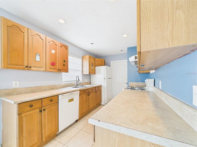 91 W Cedarwood Cir, Kissimmee, FL 34743 - kitchen with white appliances, a sink, exhaust hood, light tile patterned flooring, and light countertops